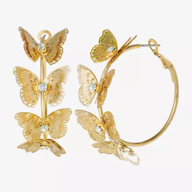 JS Jessica Simpson Gold Tone Womens Glass 48mm Butterfly Hoop Earrings