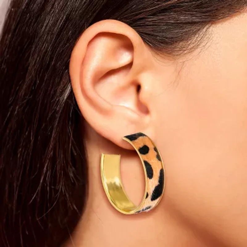 JS Jessica Simpson Gold Tone Leopard Print Womens 50.6mm Hoop Earrings