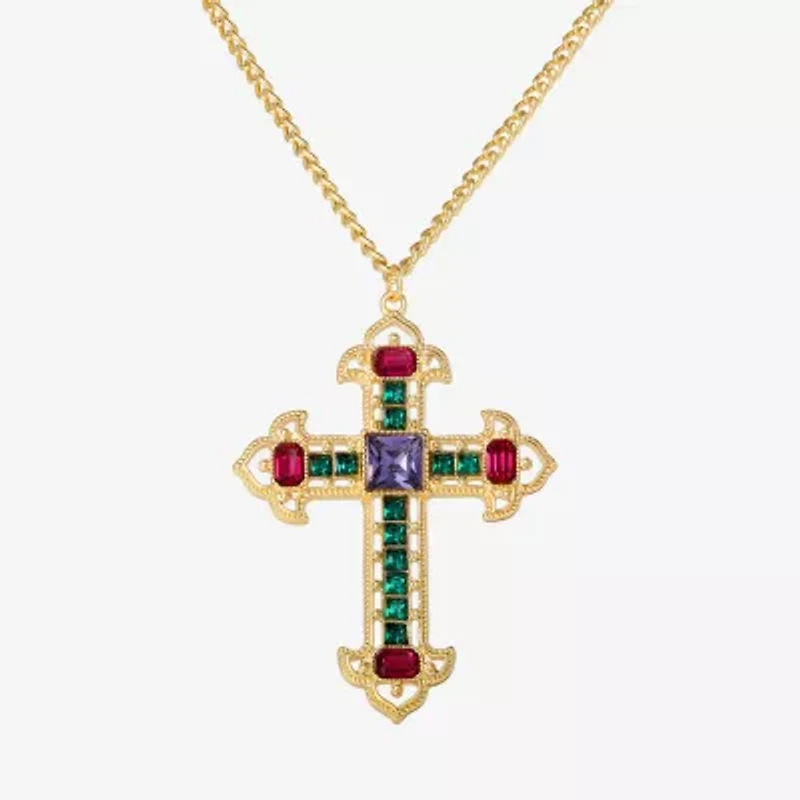 JS Jessica Simpson Gold Tone Womens Multi Color Glass Alloy Cross 23 Inch Pendant Necklace