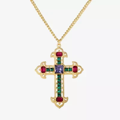 JS Jessica Simpson Gold Tone Womens Multi Color Glass Alloy Cross 23 Inch Pendant Necklace
