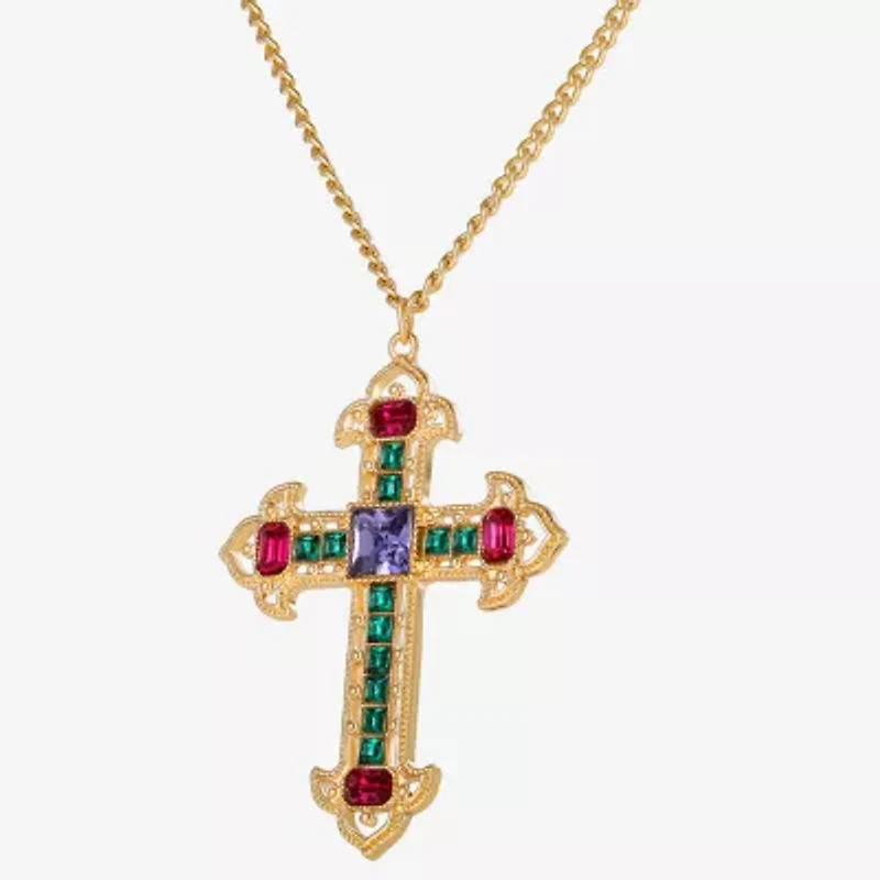 JS Jessica Simpson Gold Tone Womens Multi Color Glass Alloy Cross 23 Inch Pendant Necklace