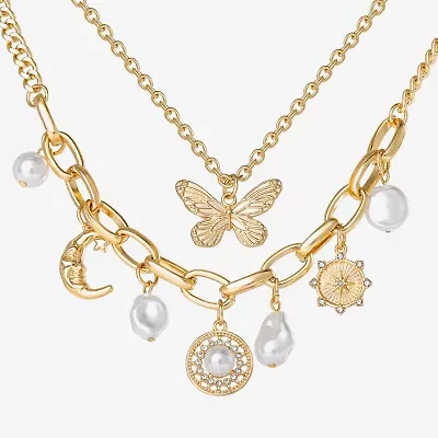 JS Jessica Simpson Gold Tone Charm & Pendant Womens Glass Butterfly Moon Star 2-pc. Necklace Set
