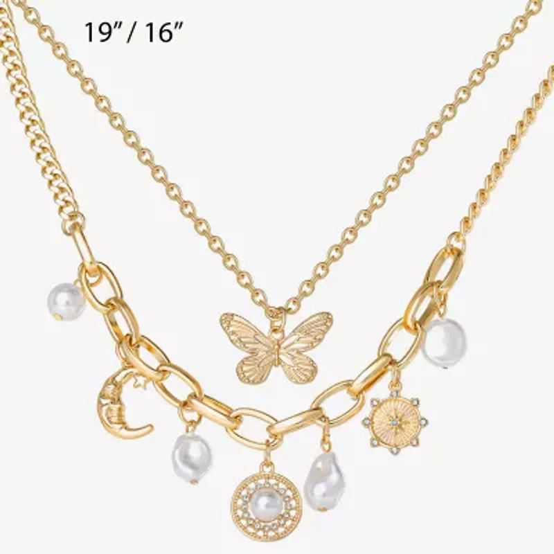 JS Jessica Simpson Gold Tone Charm & Pendant Womens Glass Butterfly Moon Star 2-pc. Necklace Set