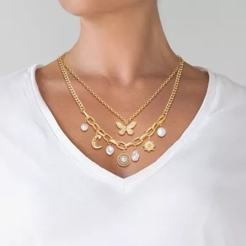 JS Jessica Simpson Gold Tone Charm & Pendant Womens Glass Butterfly Moon Star 2-pc. Necklace Set