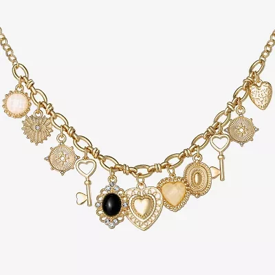 JS Jessica Simpson Gold Tone Charm Womens Multi Color Glass Alloy Heart 16 Inch Pendant Necklace