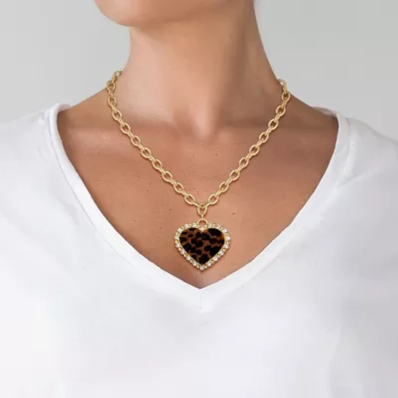 JS Jessica Simpson Gold Tone Leopard Print Womens Glass Alloy Heart 18 Inch Pendant Necklace
