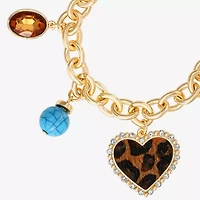 JS Jessica Simpson Gold Tone Leopard Print Womens Multi Color Glass Butterfly Heart Charm Bracelet