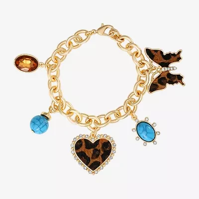 JS Jessica Simpson Gold Tone Leopard Print Womens Multi Color Glass Butterfly Heart Charm Bracelet
