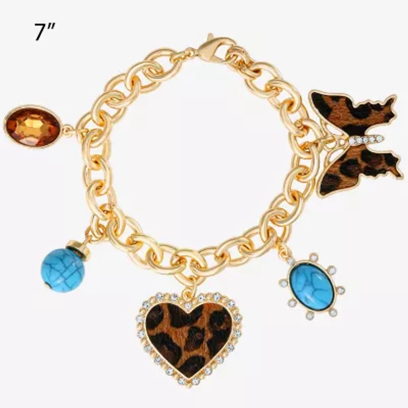 JS Jessica Simpson Gold Tone Leopard Print Womens Multi Color Glass Butterfly Heart Charm Bracelet