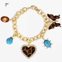 JS Jessica Simpson Gold Tone Leopard Print Womens Multi Color Glass Butterfly Heart Charm Bracelet
