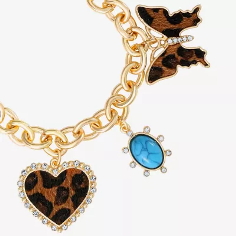 JS Jessica Simpson Gold Tone Leopard Print Womens Multi Color Glass Butterfly Heart Charm Bracelet