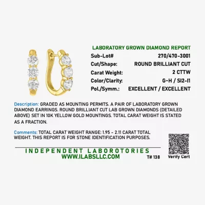 (G-H/Si2-I1) Womens 2 CT. T.W. Lab Grown White Diamond 10K Gold Hoop Earrings