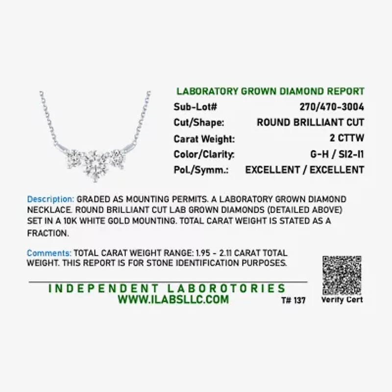(G-H/Si2-I1) Womens 2 CT. T.W. Lab Grown White Diamond 10K Gold 18 Inch Pendant Necklace