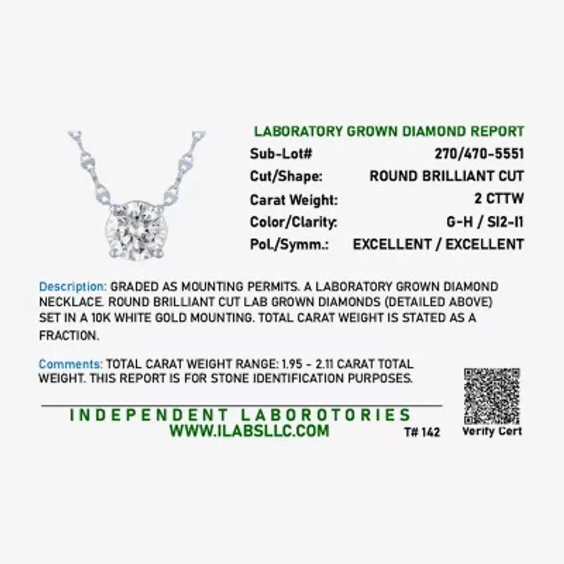 Diamond Addiction (G-H / Si2-I1) Womens 2 CT. T.W. Lab Grown White 10K Gold 18 Inch Pendant Necklace