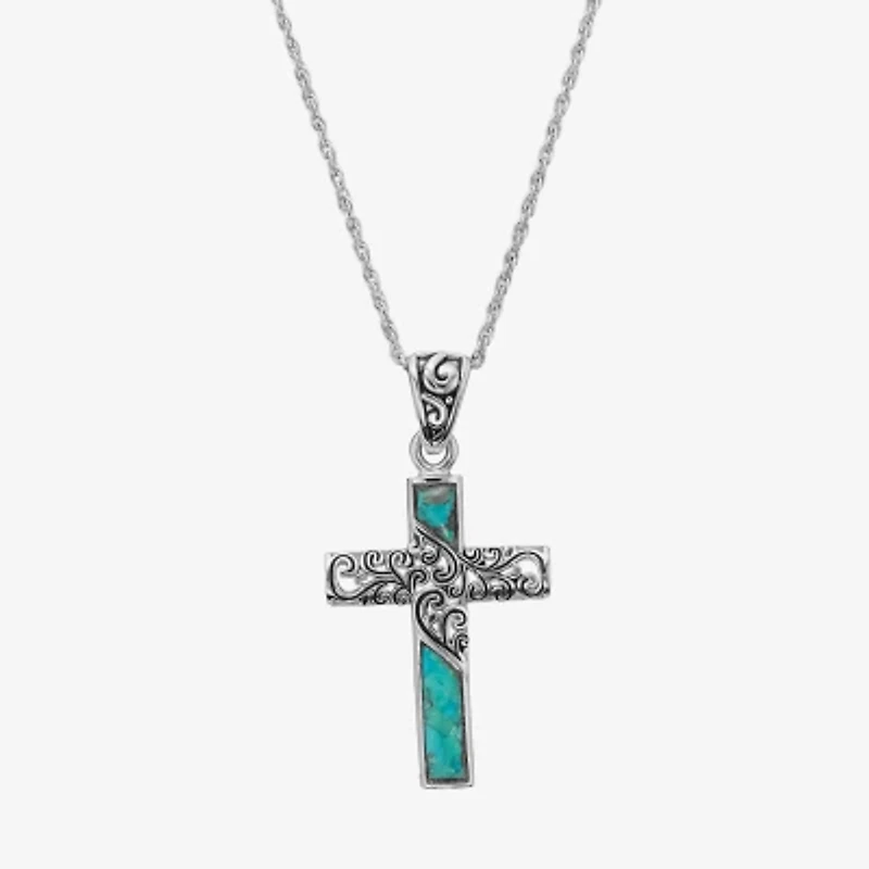 Womens Enhanced Blue Turquoise Sterling Silver Cross 18 Inch Pendant Necklace