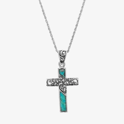 Womens Enhanced Blue Turquoise Sterling Silver Cross 18 Inch Pendant Necklace