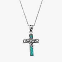 Womens Enhanced Blue Turquoise Sterling Silver Cross 18 Inch Pendant Necklace