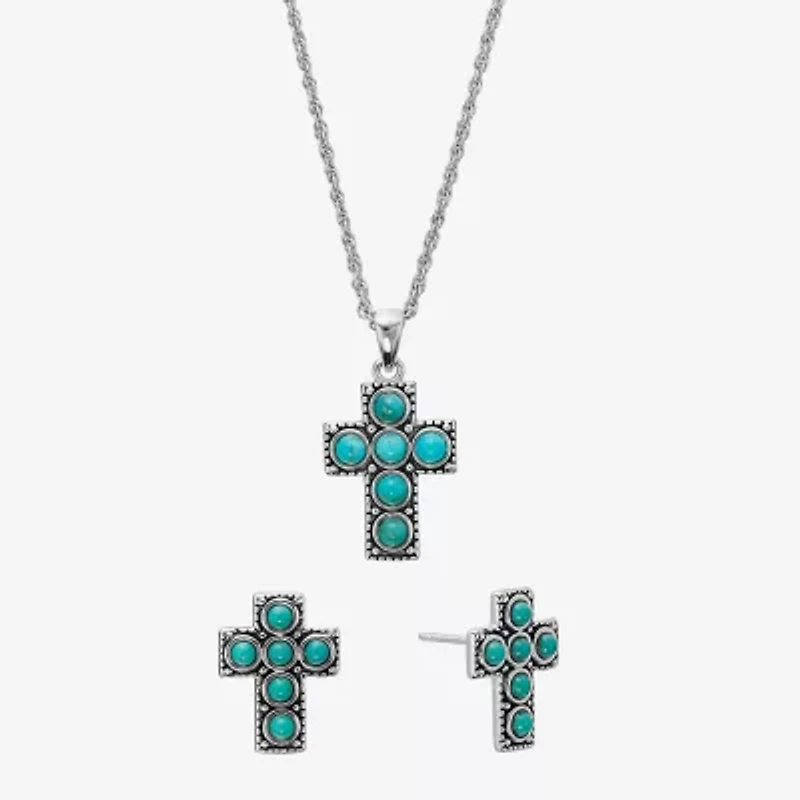 Cross Womens Enhanced Blue Turquoise Sterling Silver Cross Jewelry Set