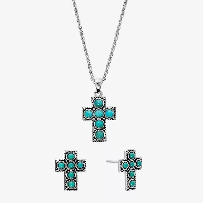 Cross Womens Enhanced Blue Turquoise Sterling Silver Cross Jewelry Set