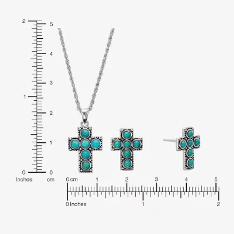 Cross Womens Enhanced Blue Turquoise Sterling Silver Cross Jewelry Set
