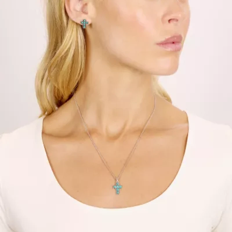 Cross Womens Enhanced Blue Turquoise Sterling Silver Cross Jewelry Set