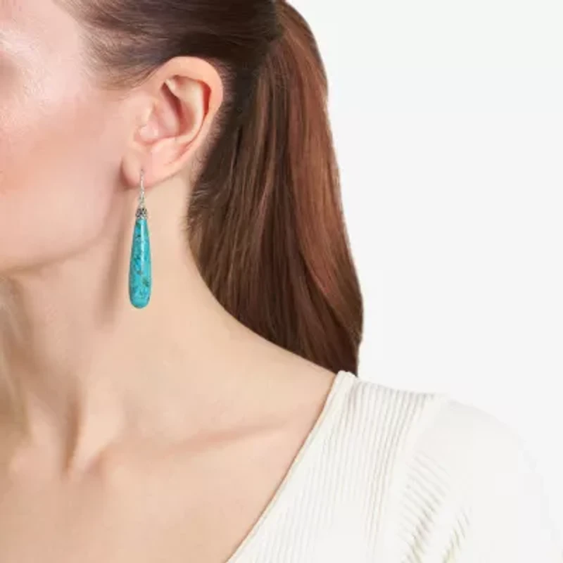 Womens Enhanced Blue Turquoise Sterling Silver Drop Earrings
