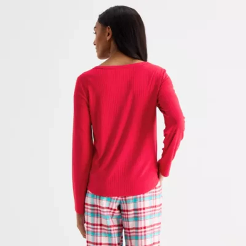 Sleep Chic Womens Rib Round Neck Long Sleeve Pajama Top