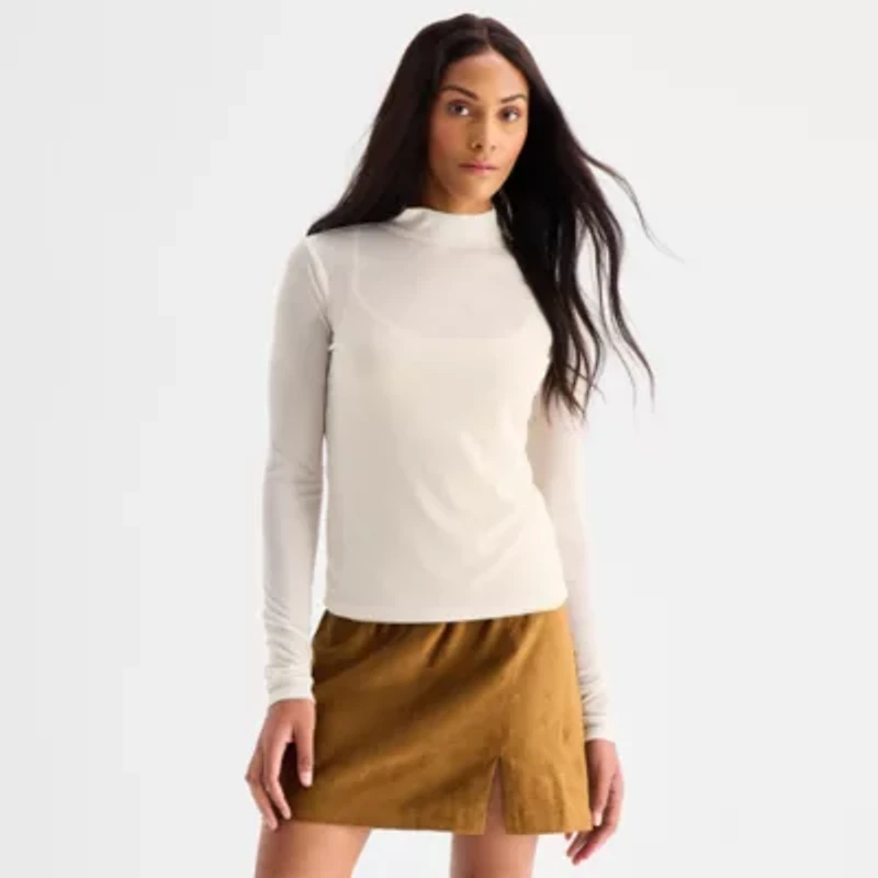 a.n.a Sheer Womens Mock Neck Long Sleeve T-Shirt