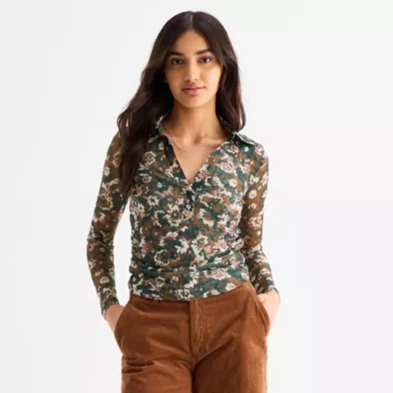 a.n.a Sheer Womens Long Sleeve Polo Shirt