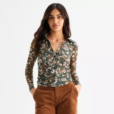 a.n.a Sheer Womens Long Sleeve Polo Shirt