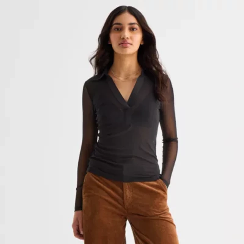 a.n.a Sheer Womens Long Sleeve Polo Shirt