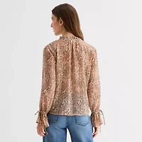 a.n.a Sheer Womens Split Tie Neck Long Sleeve Blouse