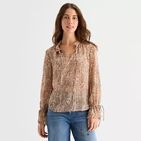 a.n.a Sheer Womens Split Tie Neck Long Sleeve Blouse