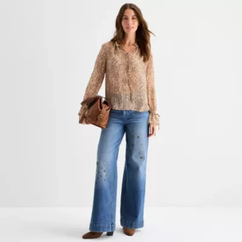 a.n.a Sheer Womens Split Tie Neck Long Sleeve Blouse