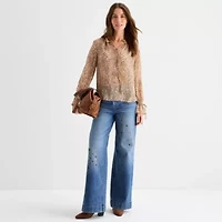 a.n.a Sheer Womens Split Tie Neck Long Sleeve Blouse