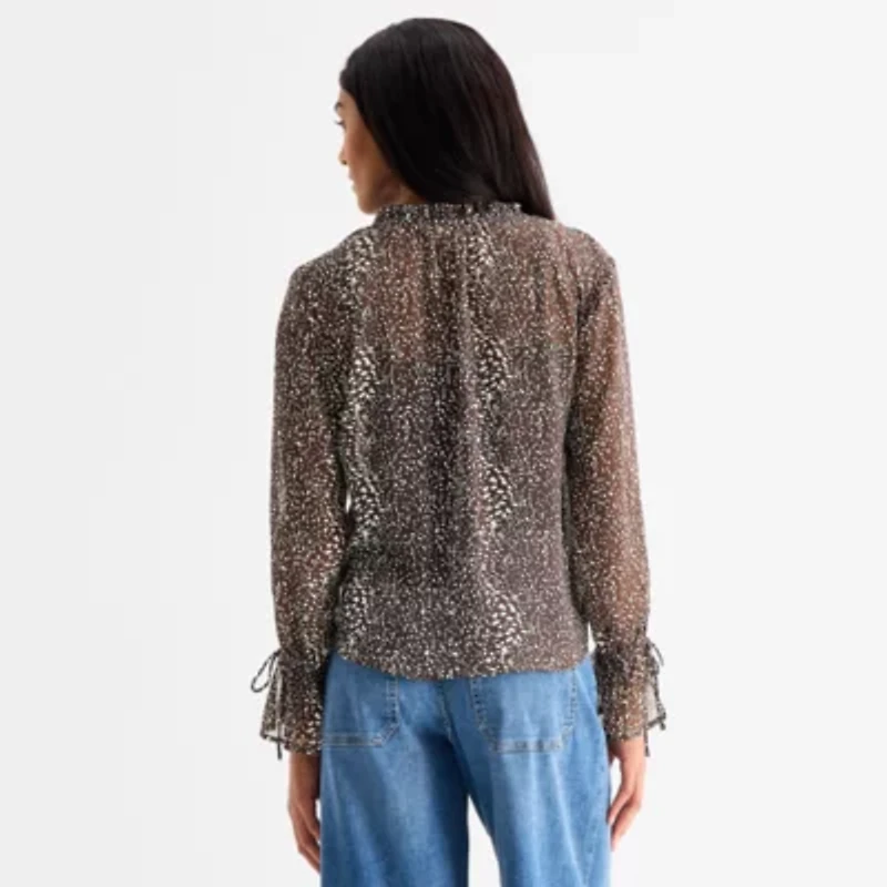 a.n.a Sheer Womens Split Tie Neck Long Sleeve Blouse