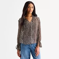 a.n.a Sheer Womens Split Tie Neck Long Sleeve Blouse