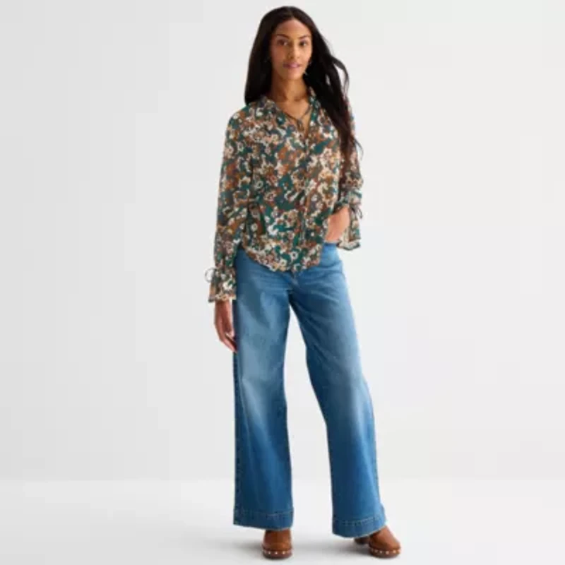 a.n.a Sheer Womens Long Sleeve Blouse