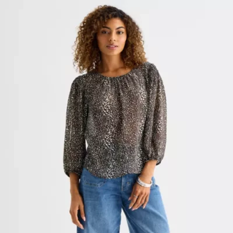 a.n.a Womens Round Neck Long Sleeve Blouse