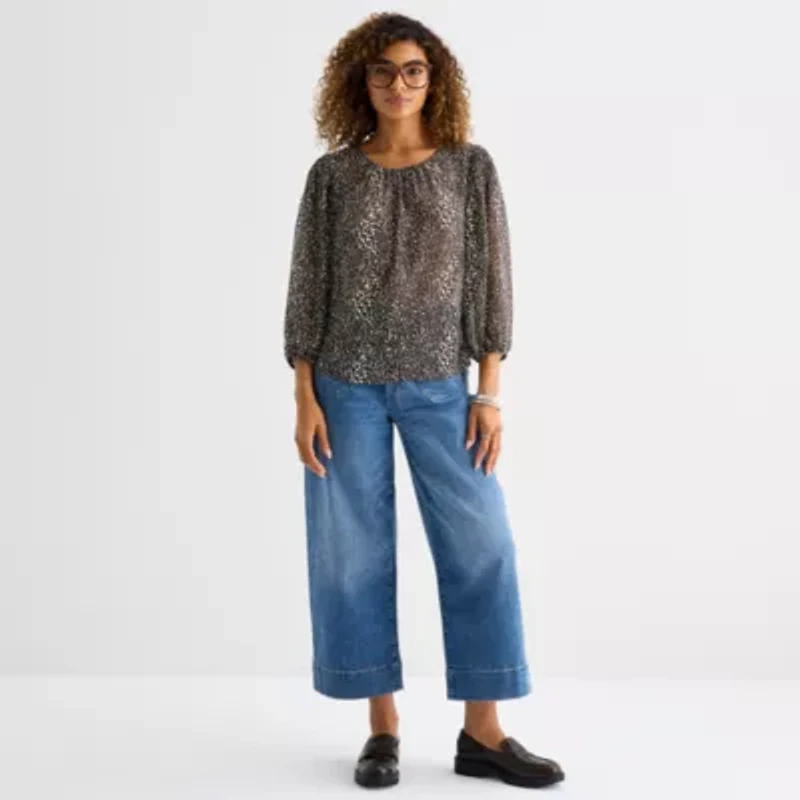 a.n.a Womens Round Neck Long Sleeve Blouse