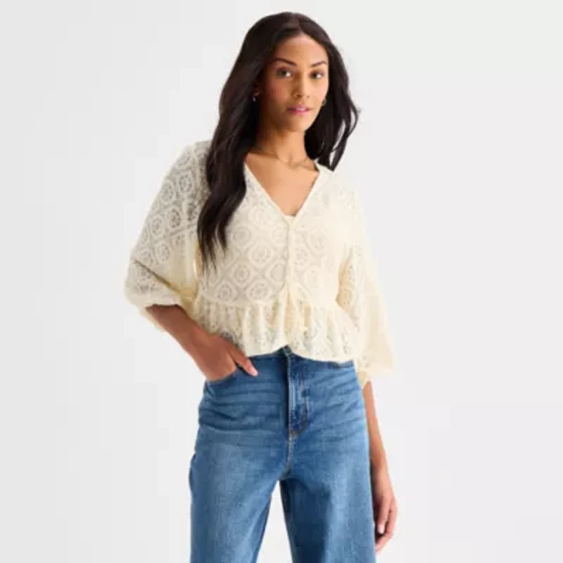 a.n.a Womens V Neck 3/4 Sleeve Lace Blouse