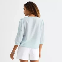 a.n.a Womens Split Crew Neck 3/4 Sleeve Embroidered Blouse