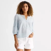 a.n.a Womens Split Crew Neck 3/4 Sleeve Embroidered Blouse