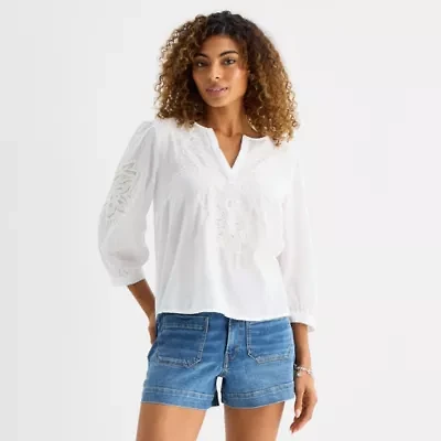 a.n.a Womens Split Crew Neck 3/4 Sleeve Embroidered Blouse