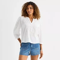 a.n.a Womens Split Crew Neck 3/4 Sleeve Embroidered Blouse