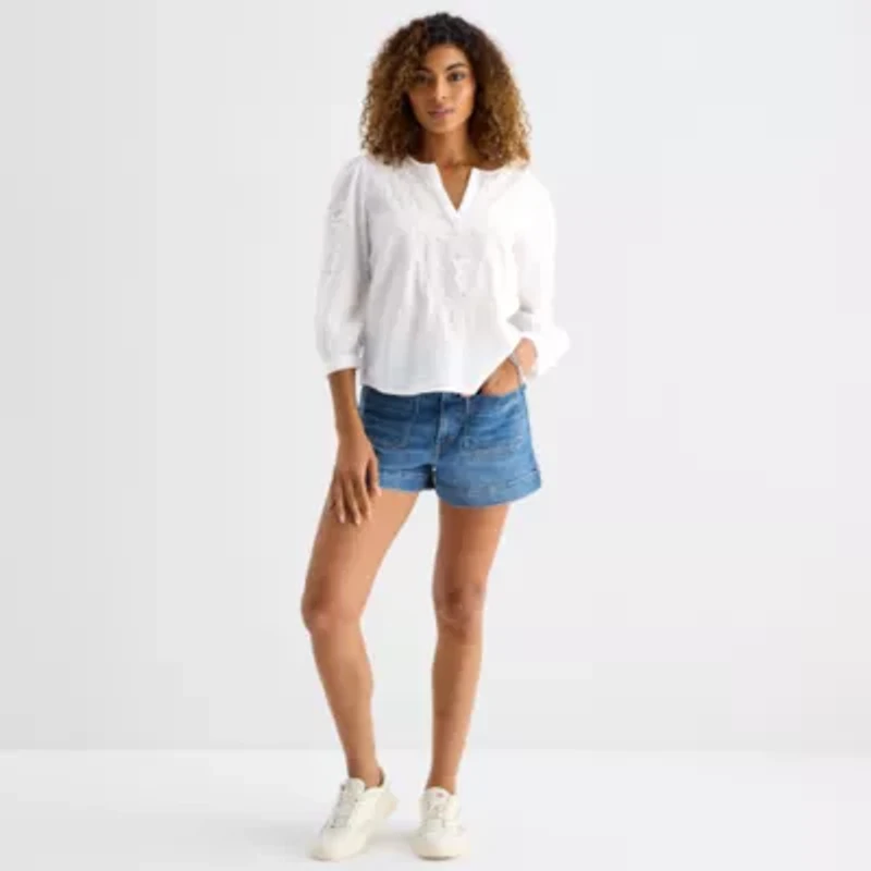 a.n.a Womens Split Crew Neck 3/4 Sleeve Embroidered Blouse