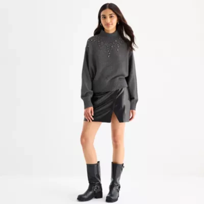 a.n.a Womens Mock Neck Embellished Long Sleeve Pullover Sweater