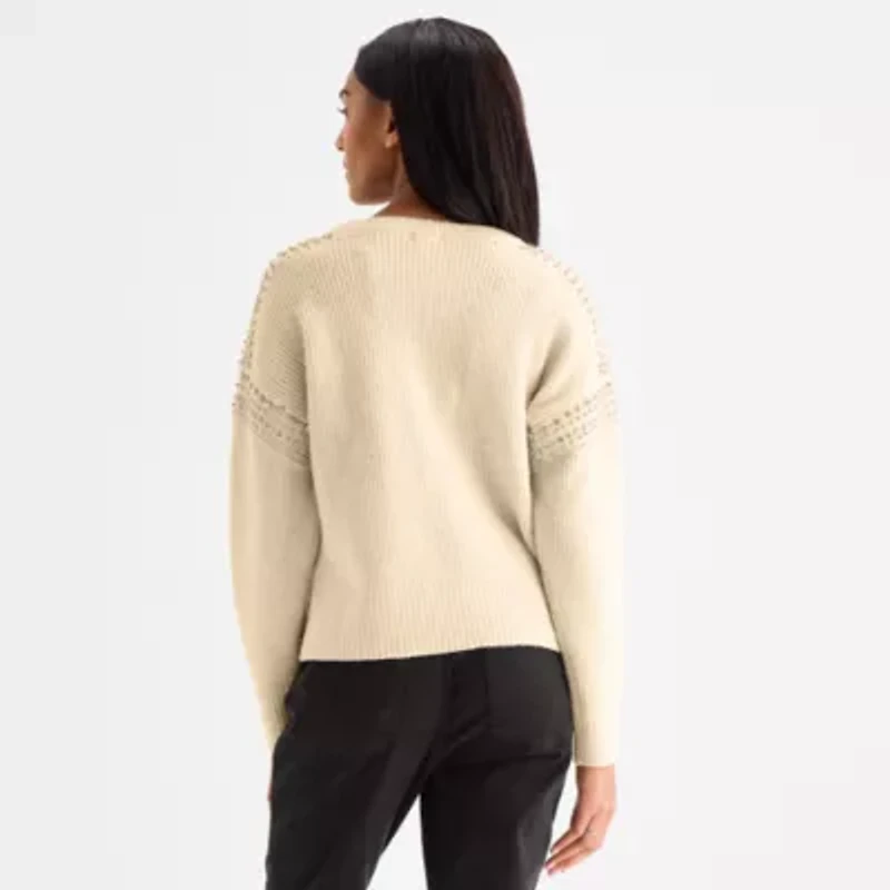 a.n.a Womens Crew Neck Embellished Long Sleeve Pullover Sweater
