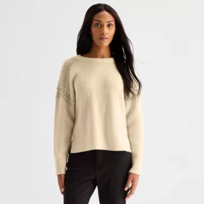 a.n.a Womens Crew Neck Embellished Long Sleeve Pullover Sweater