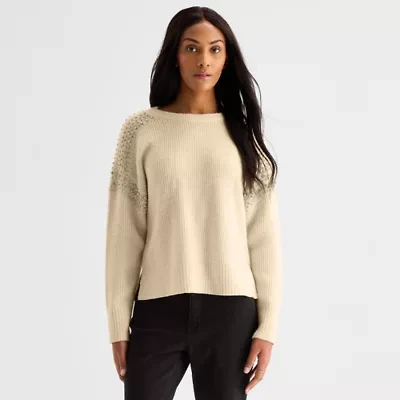 a.n.a Womens Crew Neck Embellished Long Sleeve Pullover Sweater